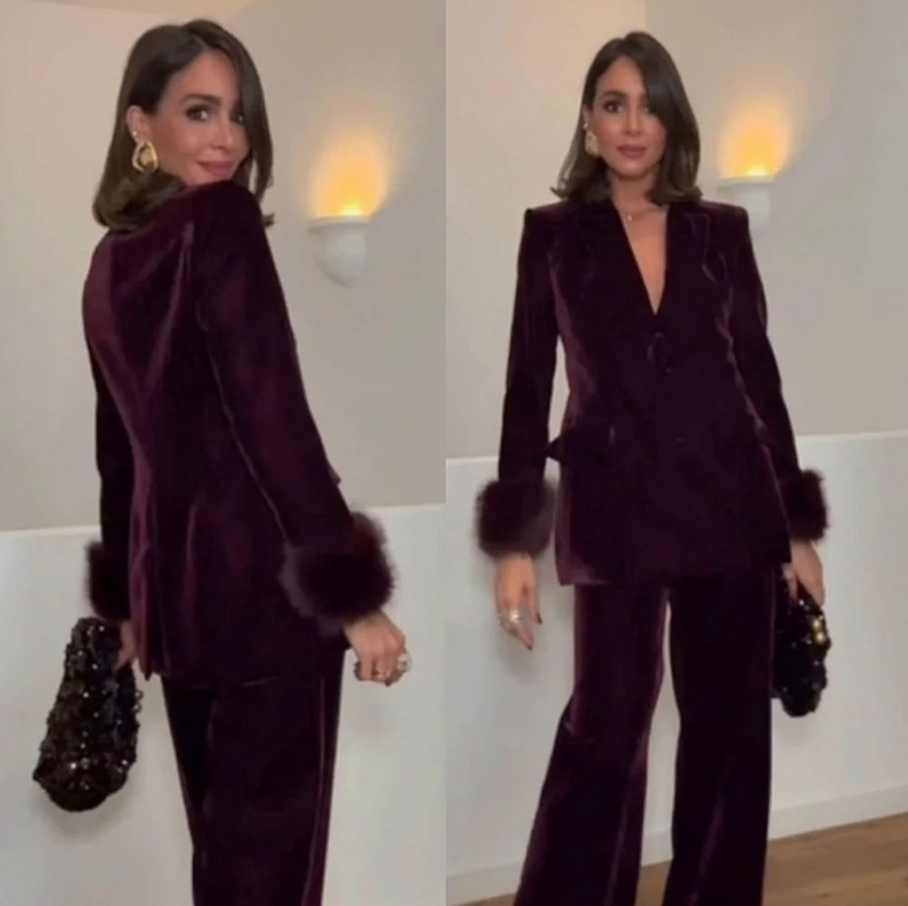 Zara Set 2 Pc Velvet Blazer With Faux Fur Cuffs and Wide Pants Size M